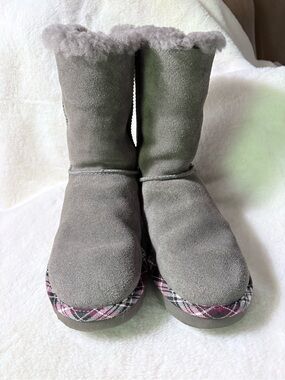 UGG Gray Suede Shearling Winter Boots with Plaid Trim